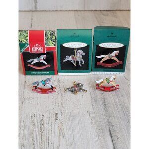 Hallmark carousel rocking‎ horse miniature ornament Xmas set
